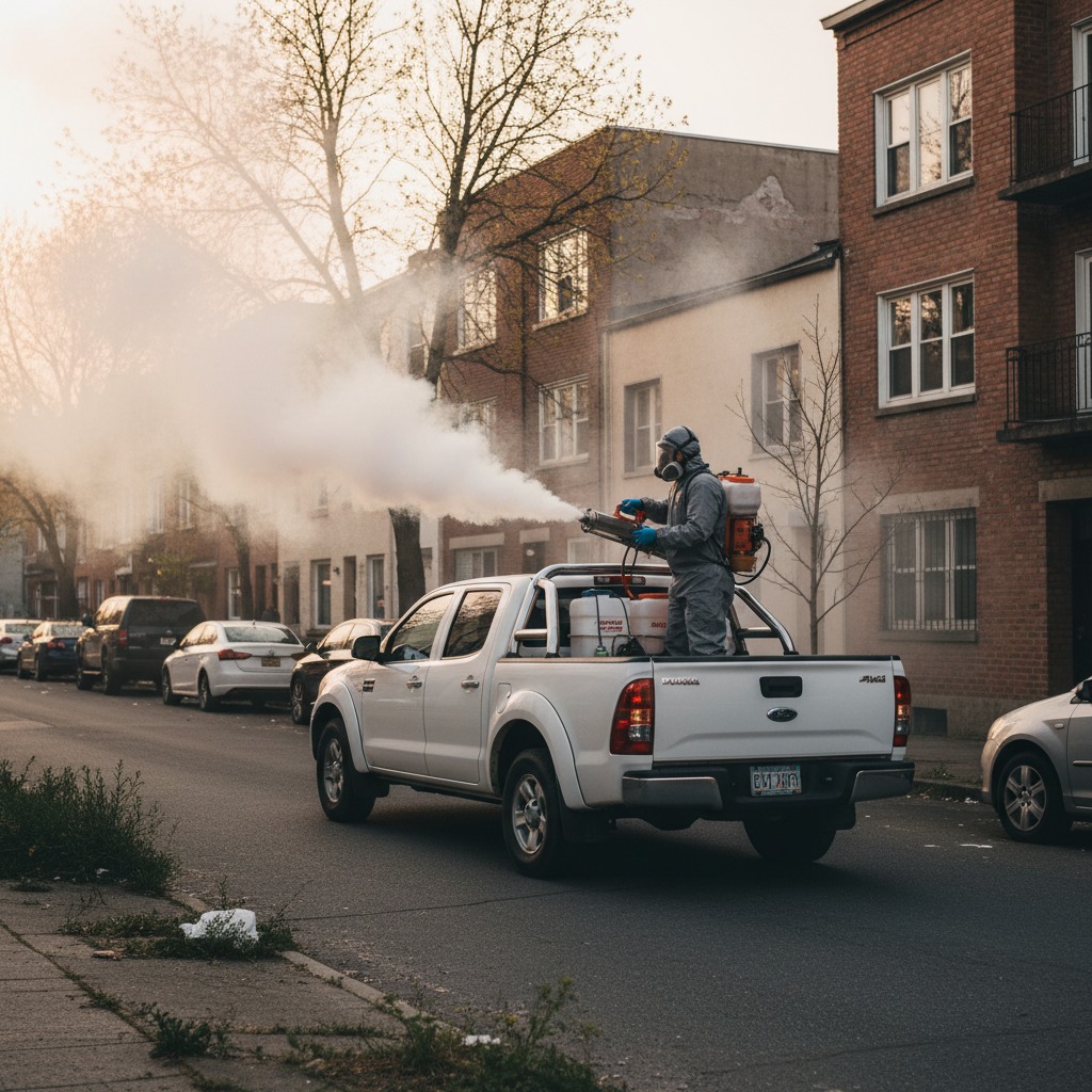 Un trabajador con traje protector y mascarilla fumiga la calle con una máquina desde la parte trasera de una camioneta blanca.