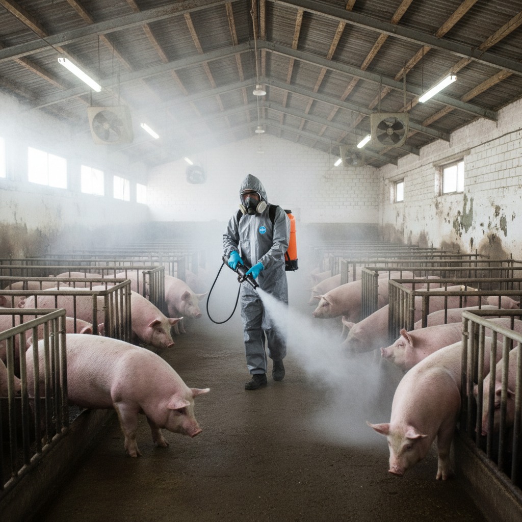 Un operario con traje de protección y mascarilla desinfecta con un pulverizador una granja con cerdos en corrales.